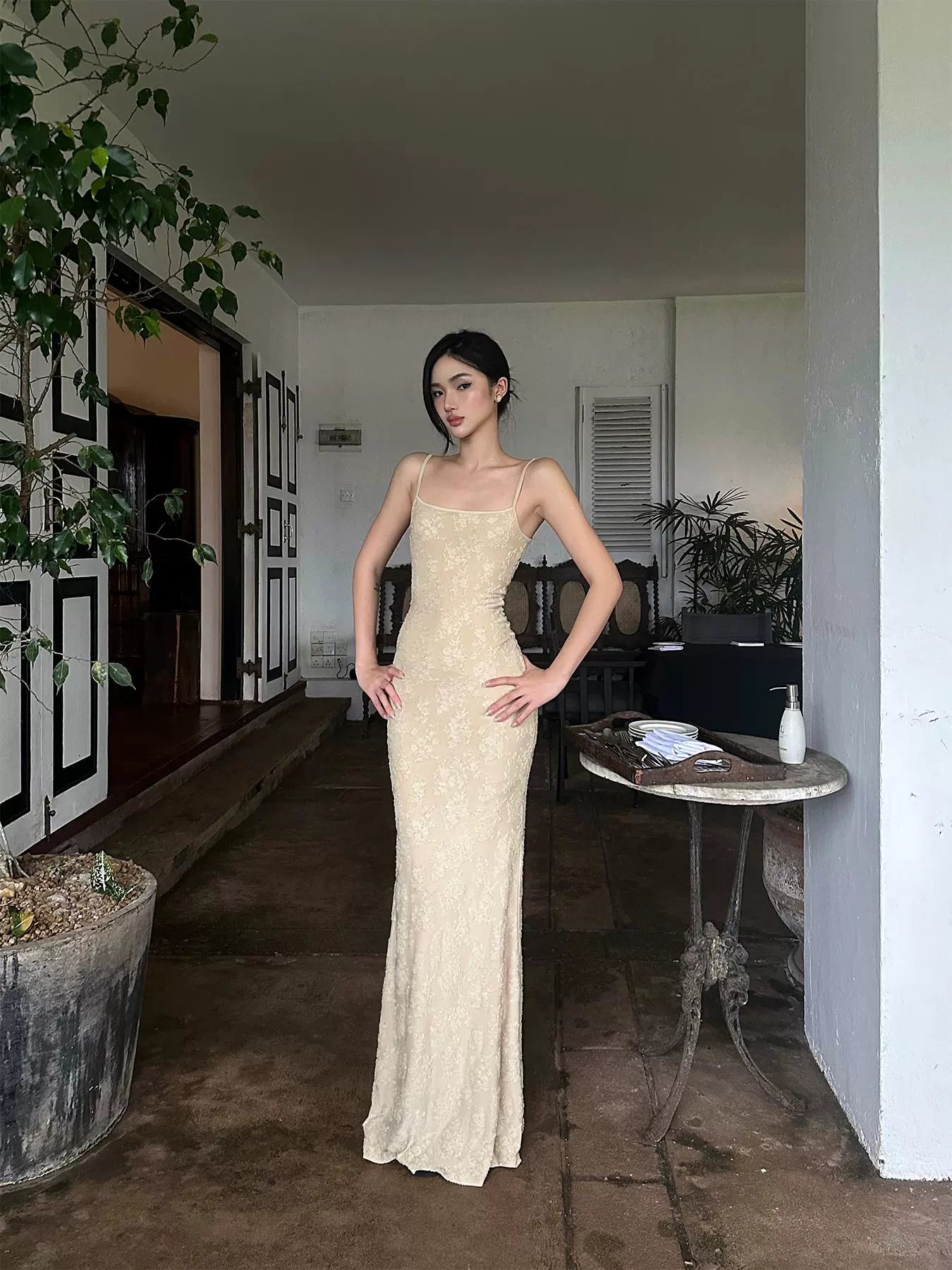 Beige Lace Mermaid Maxi Dress