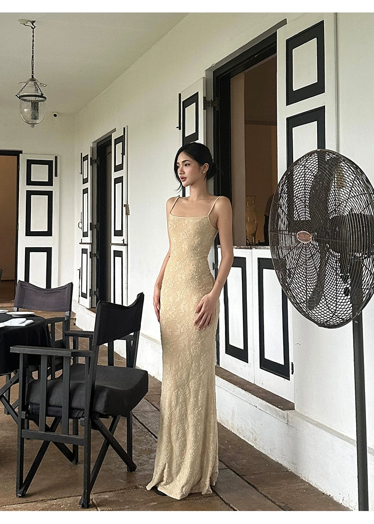 Beige Lace Mermaid Maxi Dress