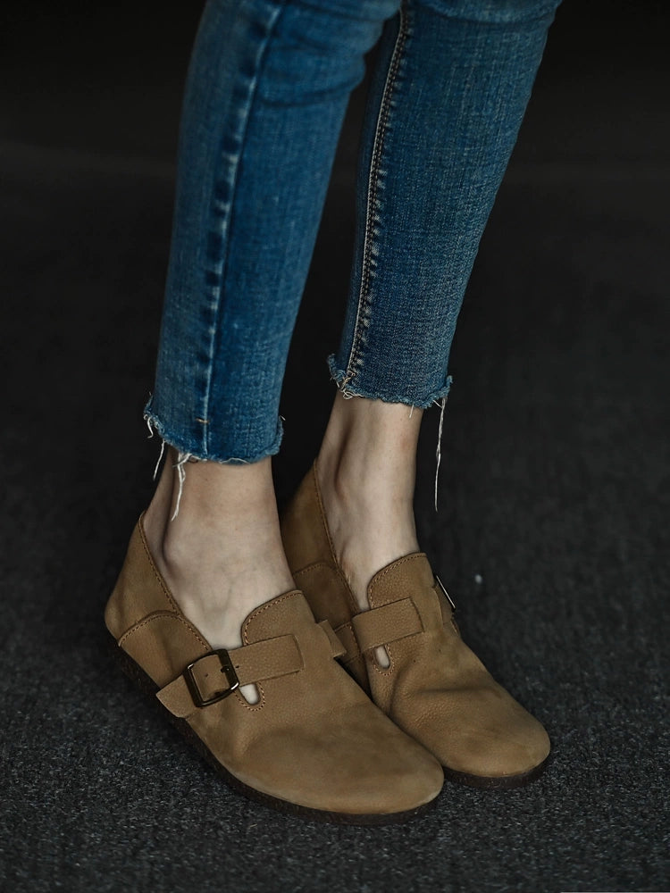 Tan Buckle Leather Slip Loafers