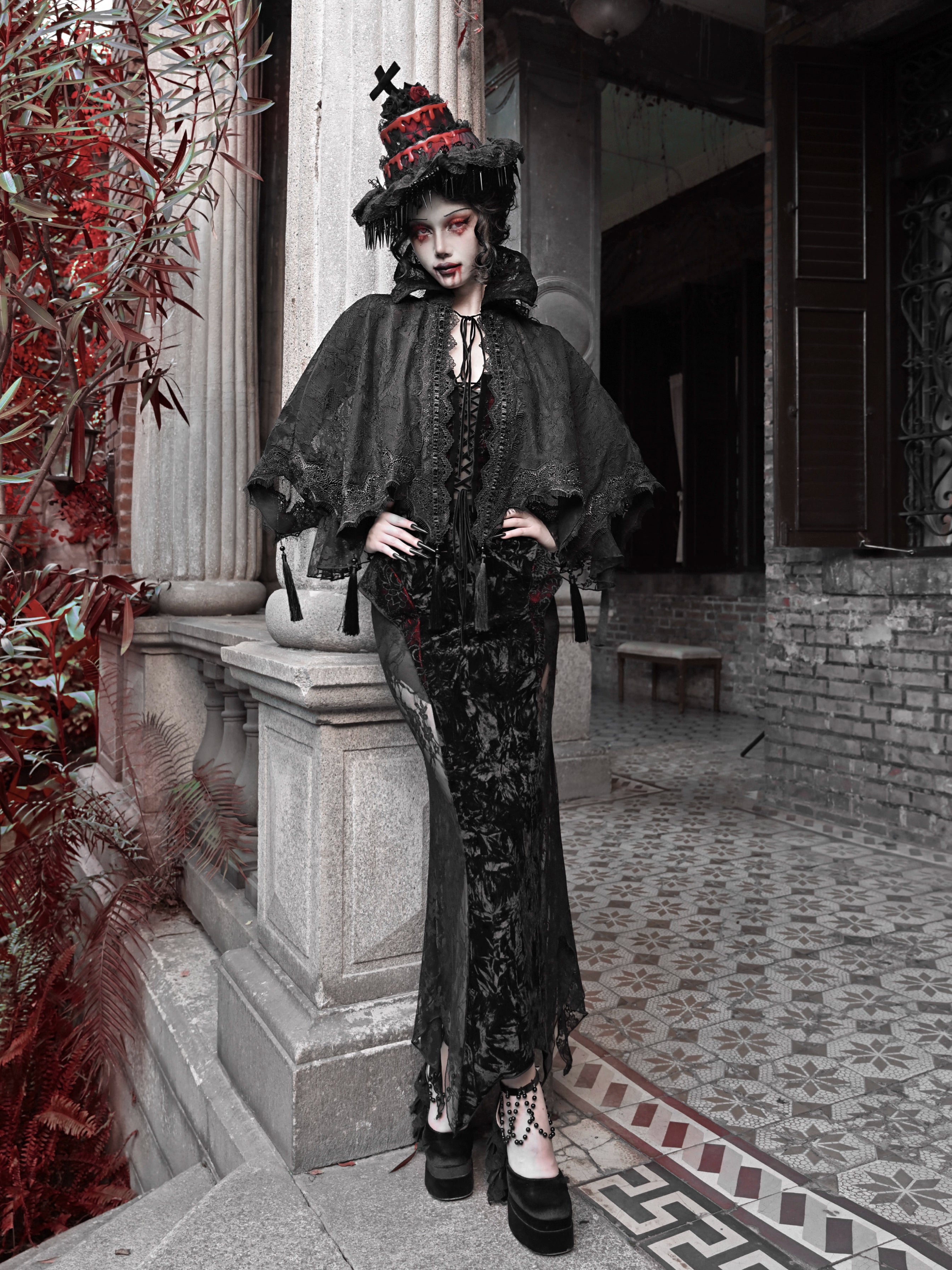 Gothic Lace High Collar Cape with Tassels