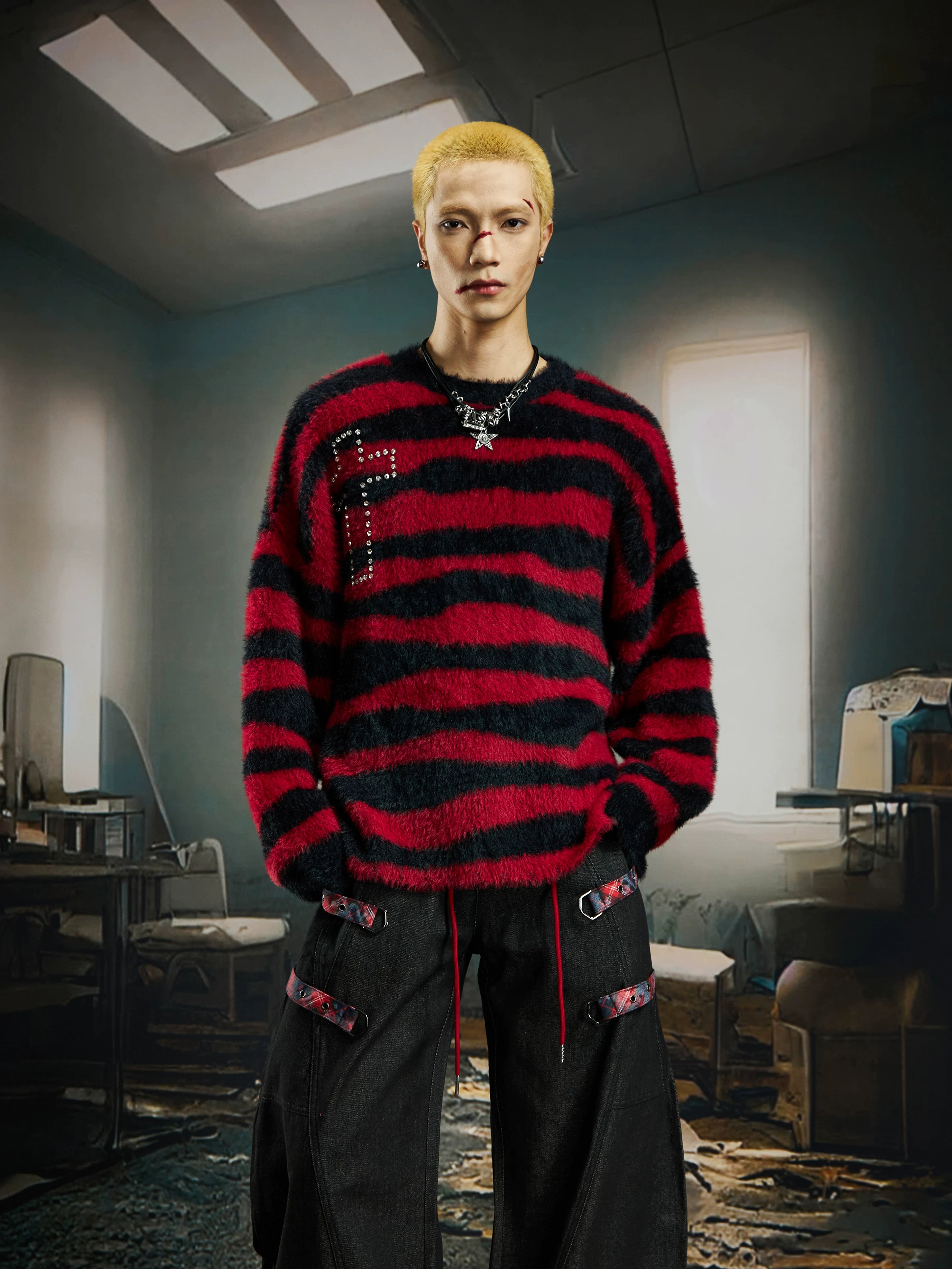 Crucifix Zephyr Striped Fuzz Sweater