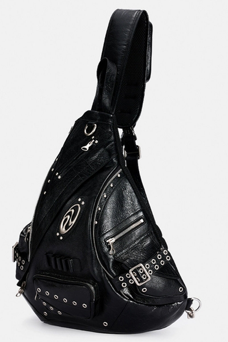 Distressed Triangle Backpack with Grommets and Zippers