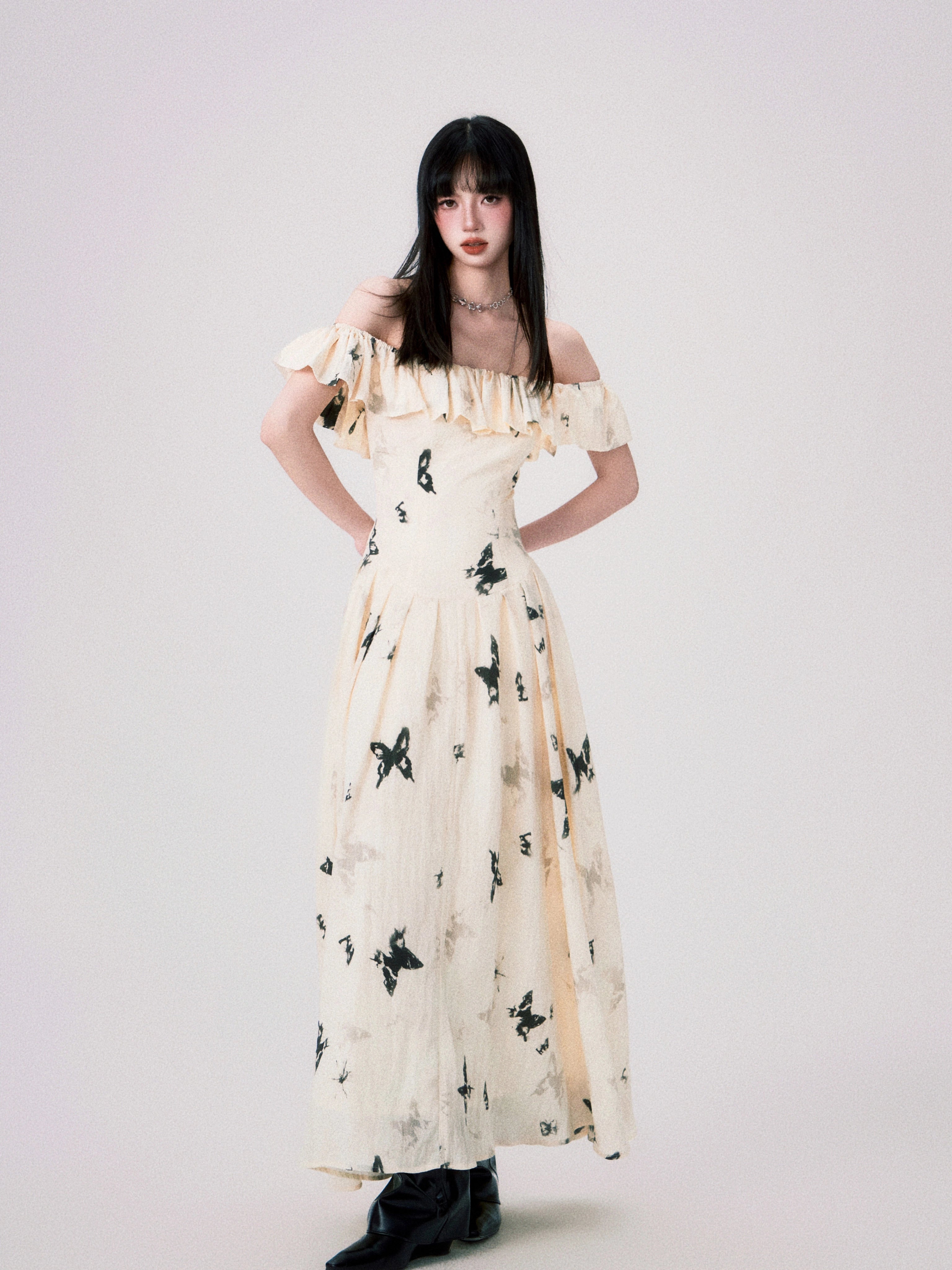 French Ink Butterfly Print Off-Shoulder Dress - chiclara