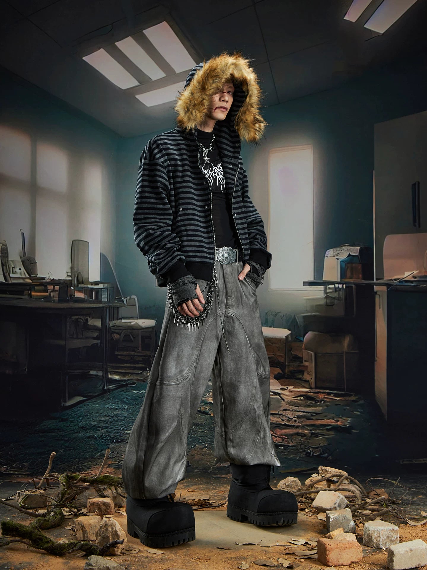 Feral Stripe Faux‑Fur Hooded Zip Jacket