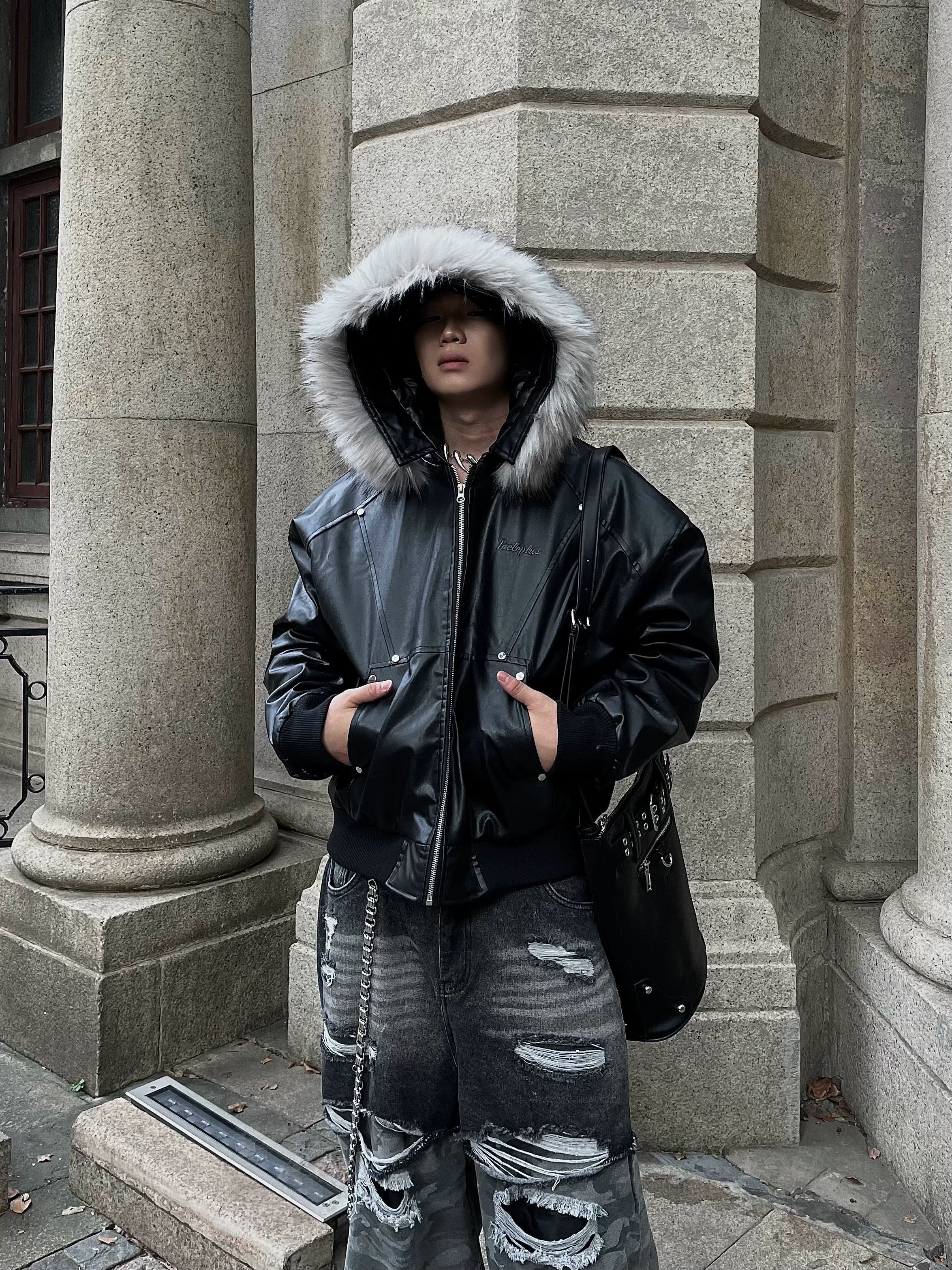 Onyx Frost Faux Fur Hooded Bomber Jacket