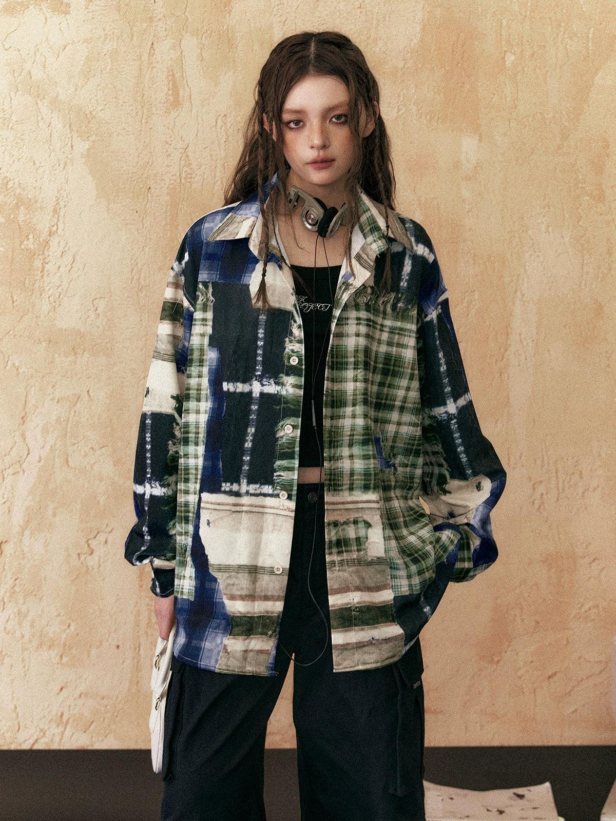 EZEK Oversized Patchwork Plaid Shirt Unisex Grunge Tie Dye Flannel