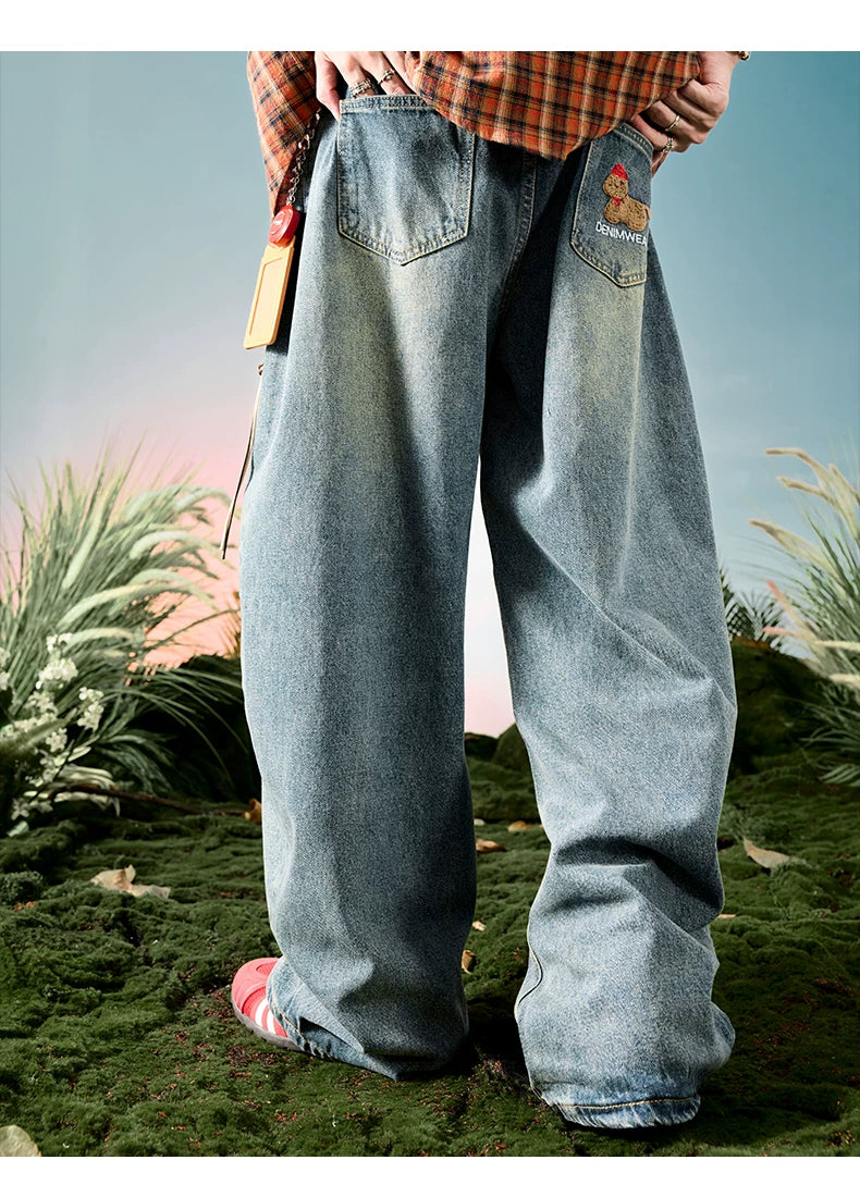 Embroidered Dog Patch Baggy Jeans