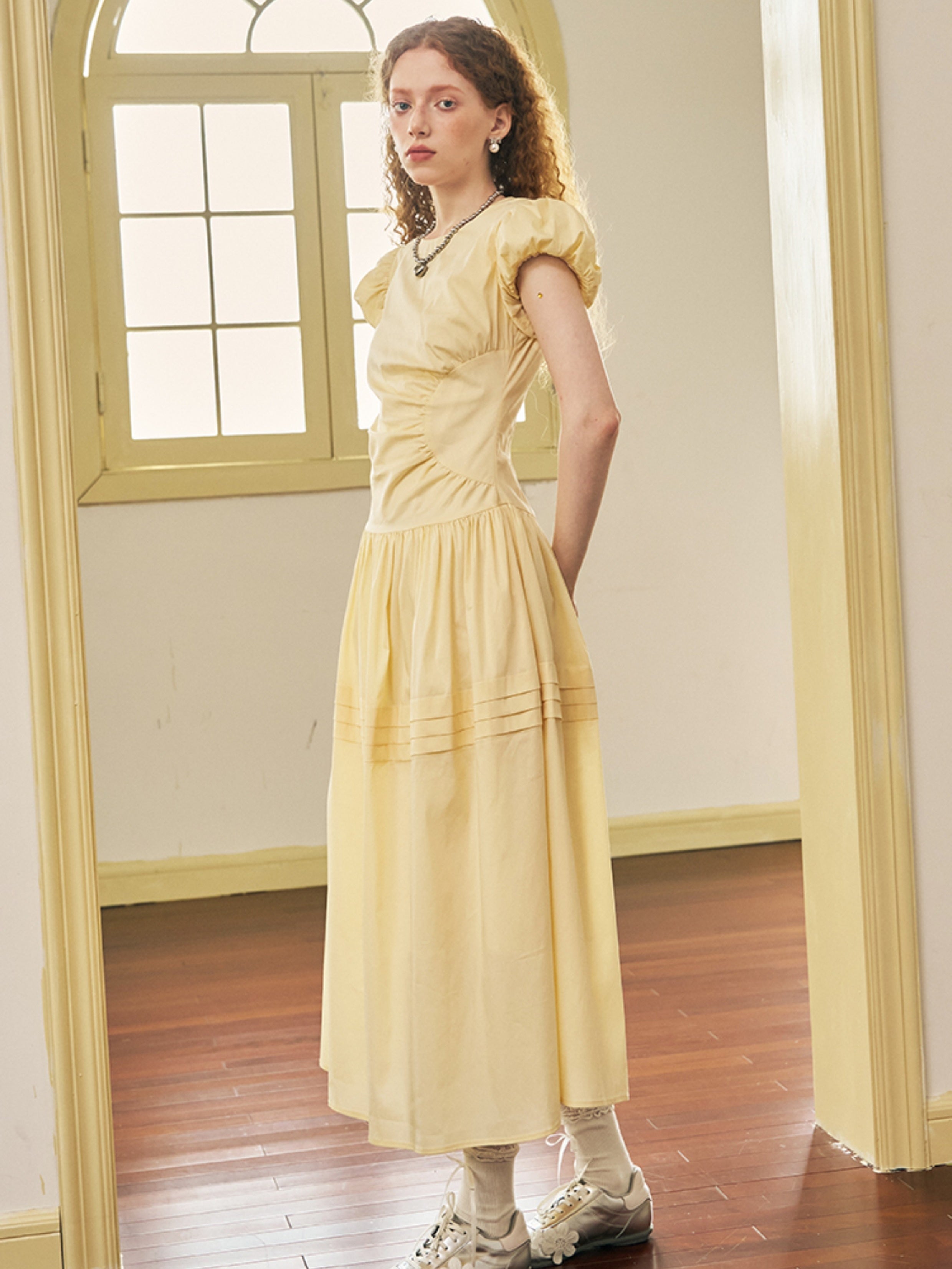 Round Neck Puff Sleeve Long Gather One-Piece - chiclara