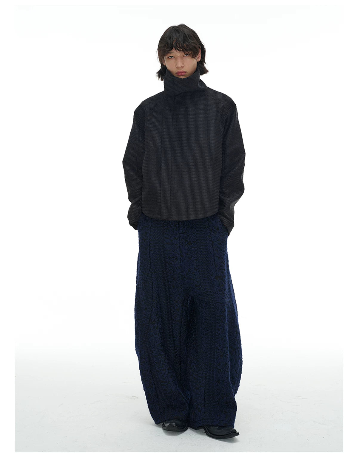 Black Textured Asymmetric-Collar Jacket
