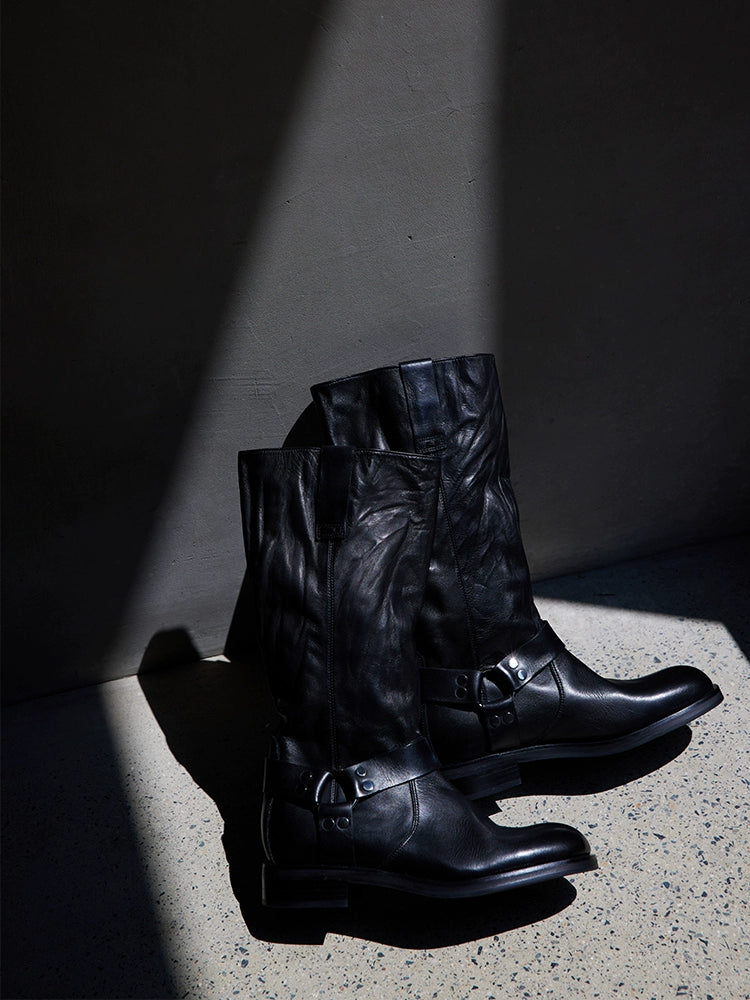 Black Leather Harness Biker Boots