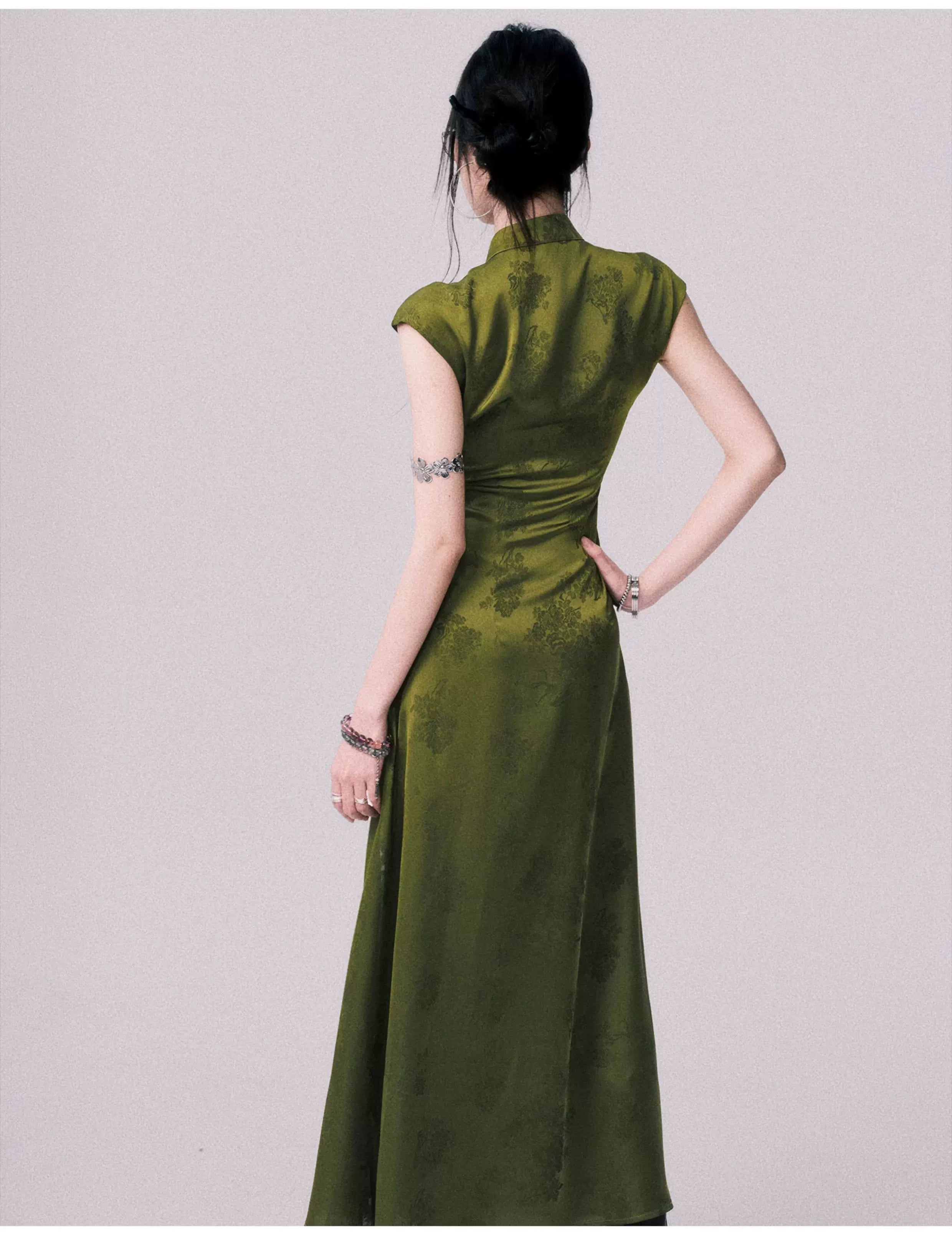 Verdant Whispers Cheongsam Maxi Dress