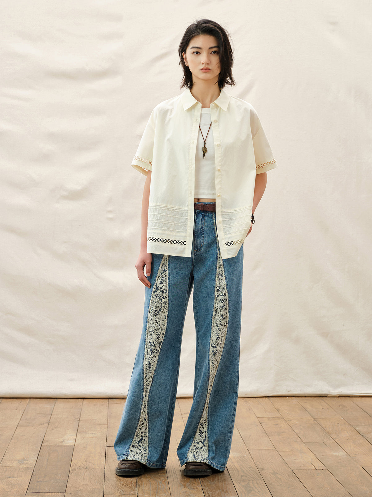 Embroidered Denim Wide Leg Jeans
