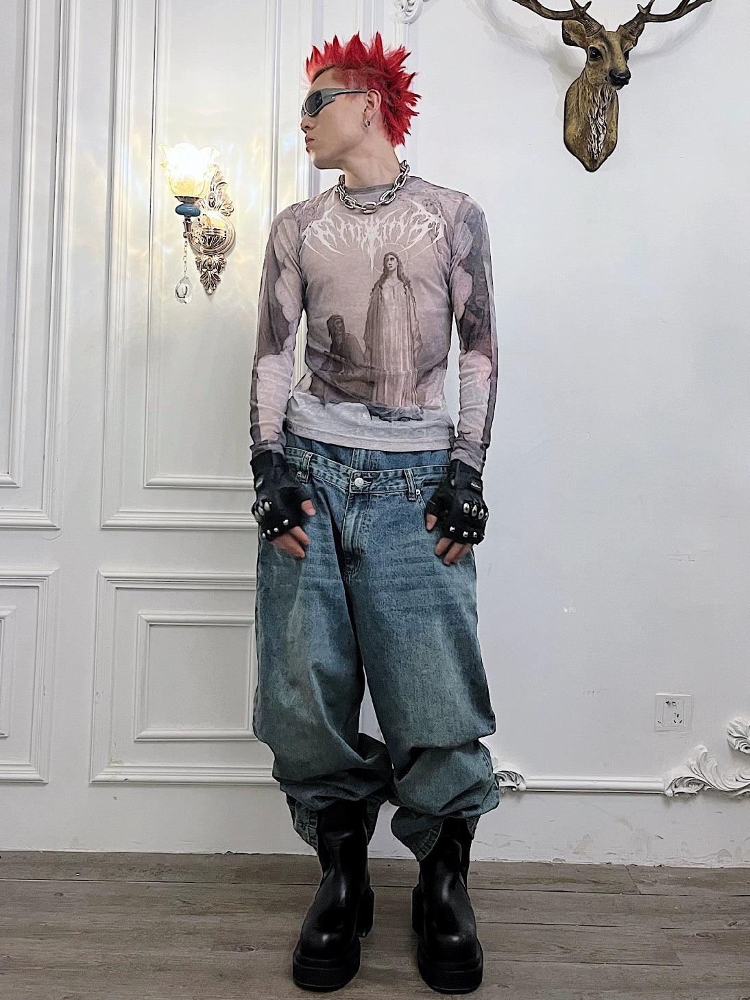 종교적 이미지 그래픽 긴팔 셔츠