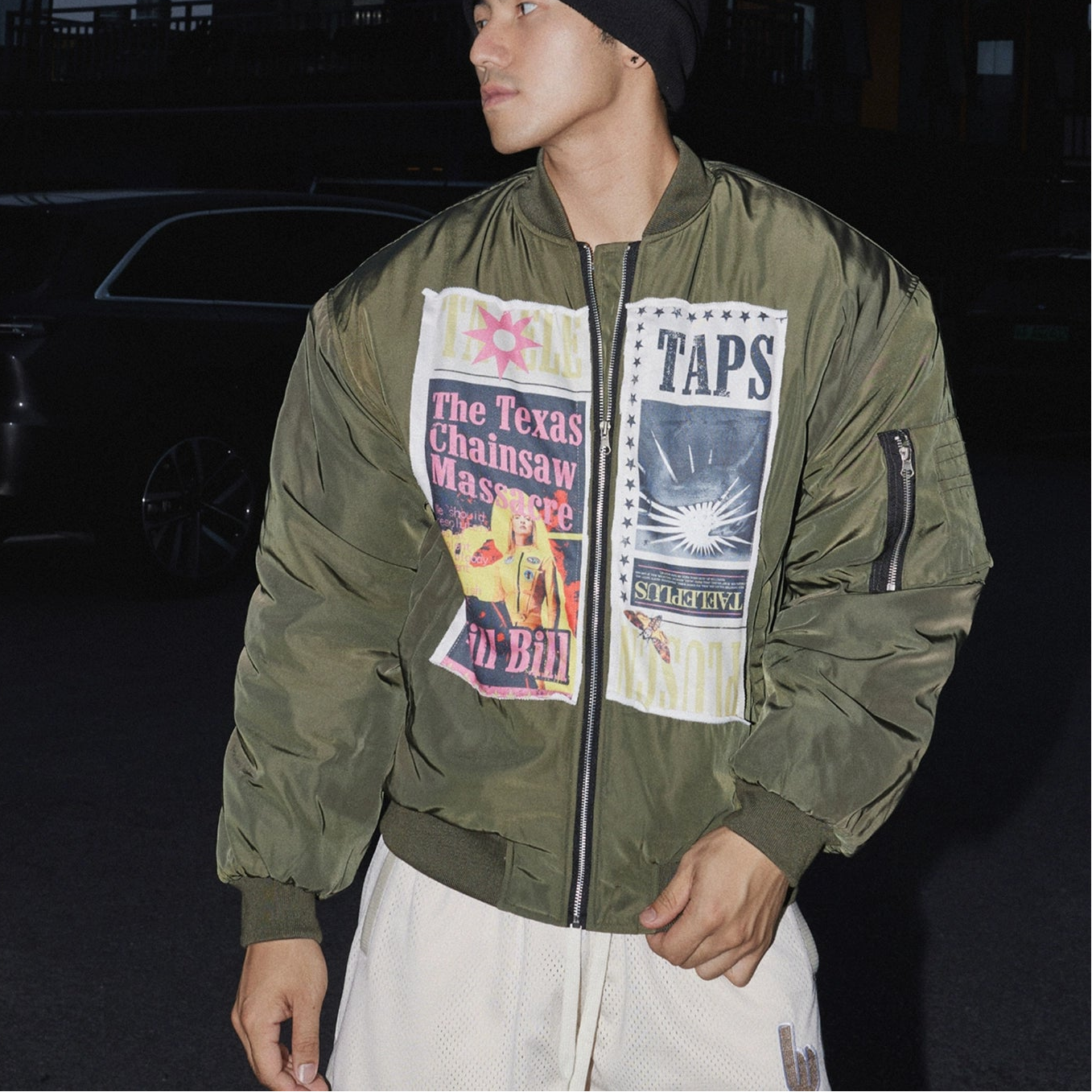 Graphic Patchwork Olive Bomber Jacket
