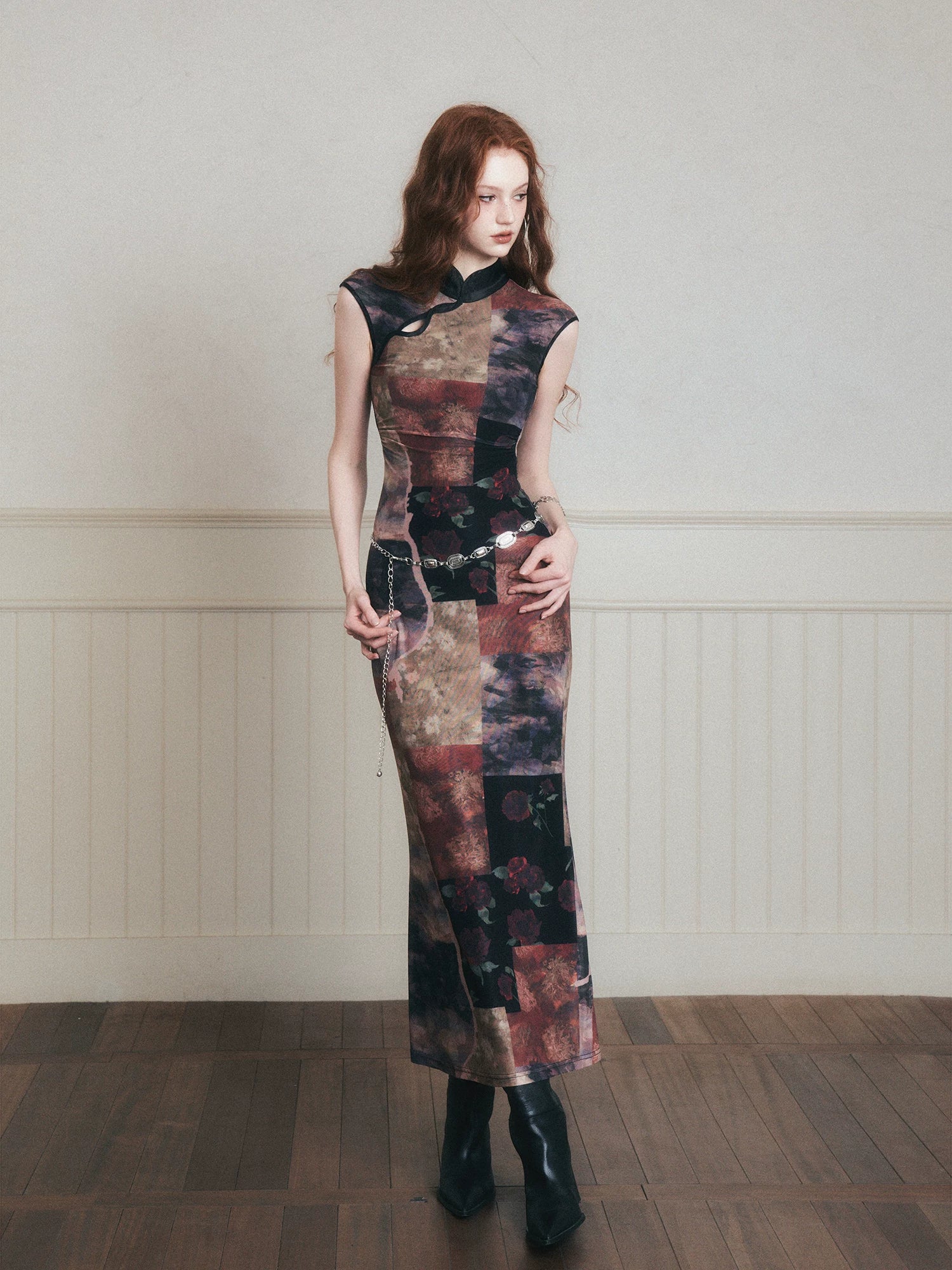 Vintage Noir Patchwork Cheongsam Maxi Dress