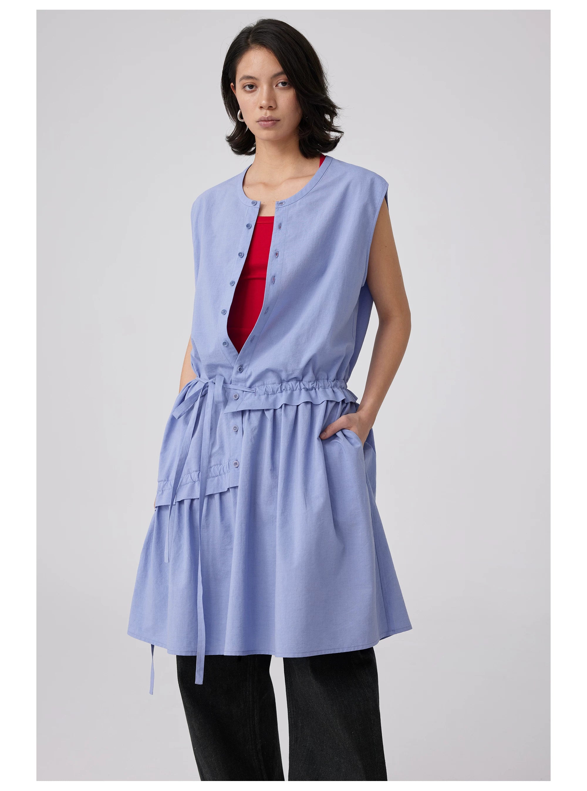 Sleeveless Button-Front Tie-Waist Dress