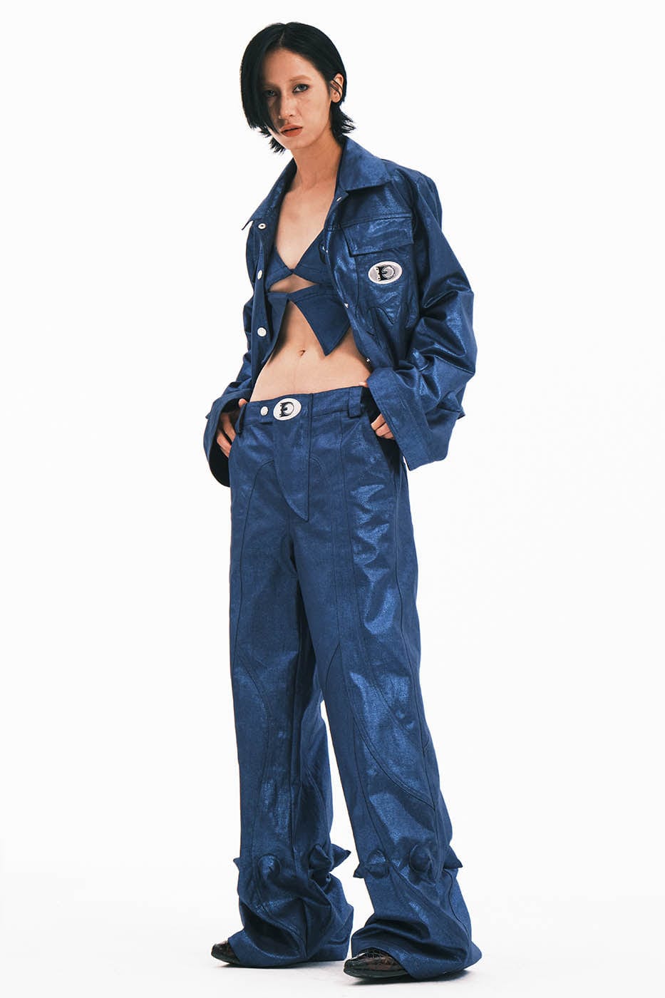 Embrio Metálico Diablo con cuernos Pantalones con paneles de pierna ancha azul