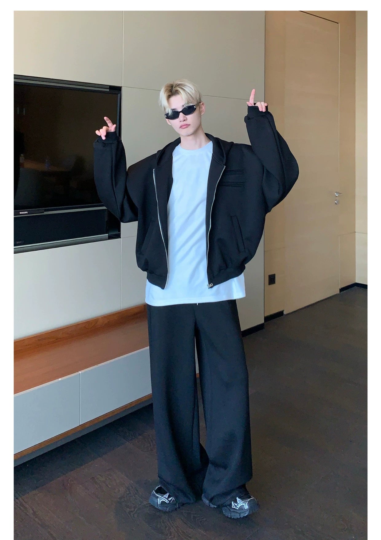 Shoulder-Padded Hoodie Jacket with Straight-Leg Pants Two-Piece Set