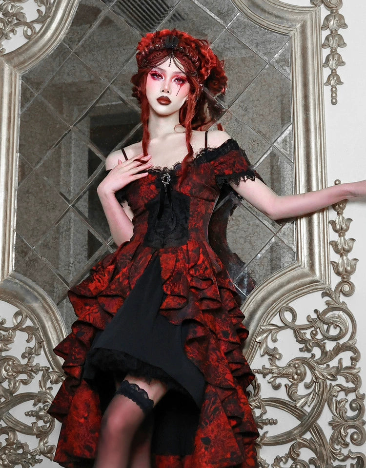 Gothic Red Layered Ruffle Ball Dress