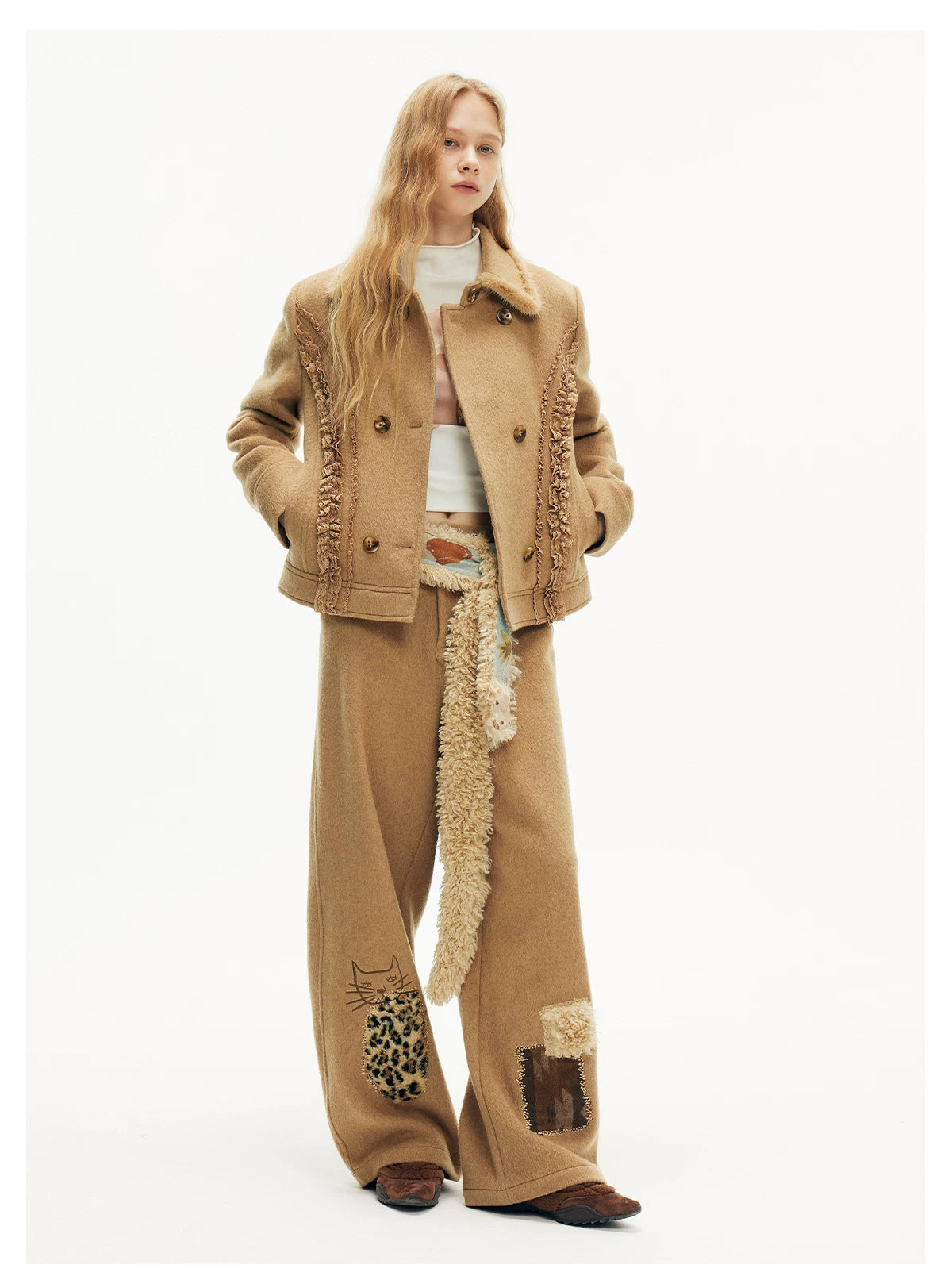 Leopard Pocket Kitty Patch Wide‑Leg Pants