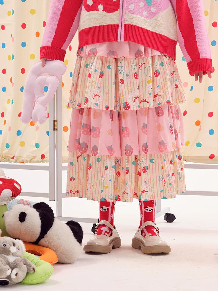 Pink Strawberry Tiered Pleated Midi Skirt