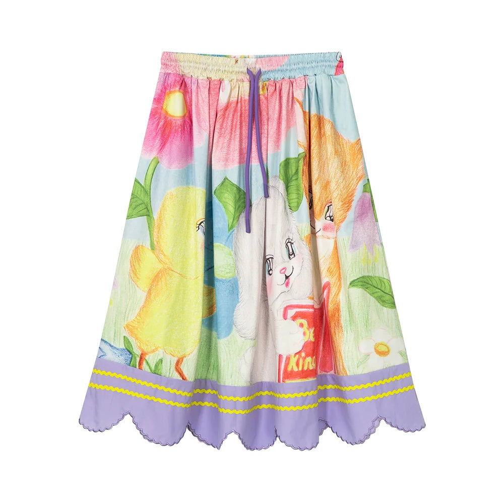 Pastel Garden Print Scalloped Midi Skirt