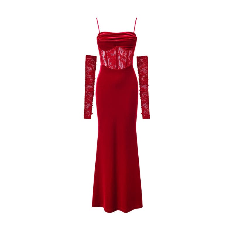 1Jinn Velvet Dress With Fishbone Straps - chiclara
