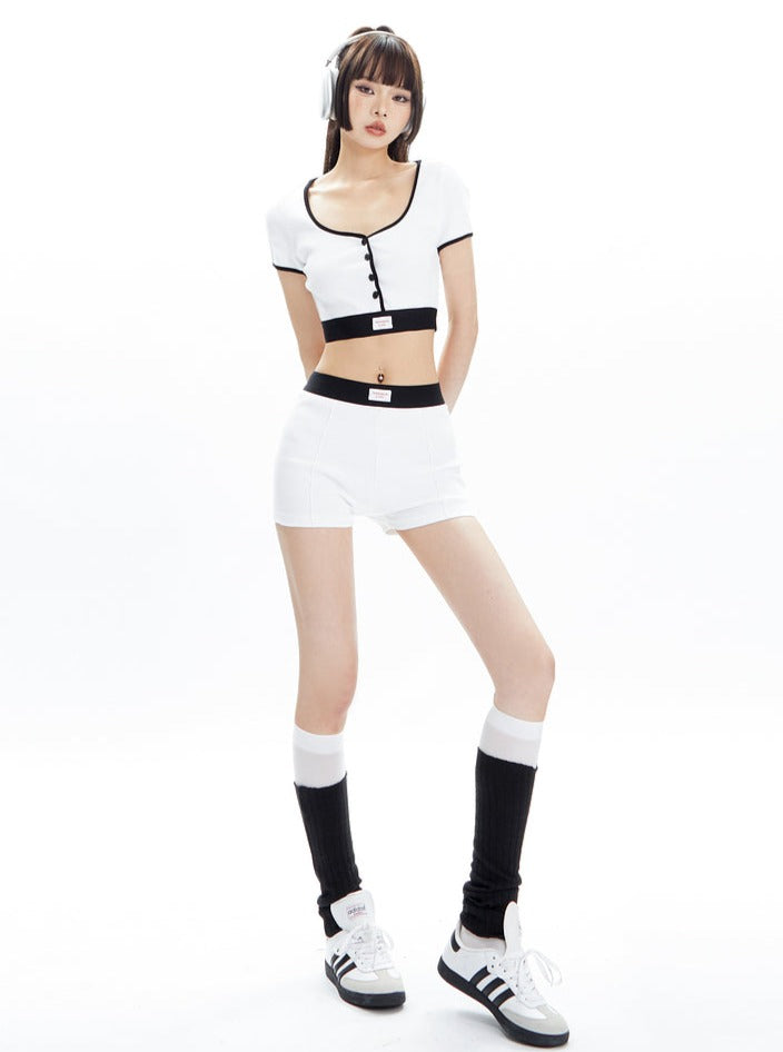 Black and White Contrast Trim Crop Top and Shorts Set