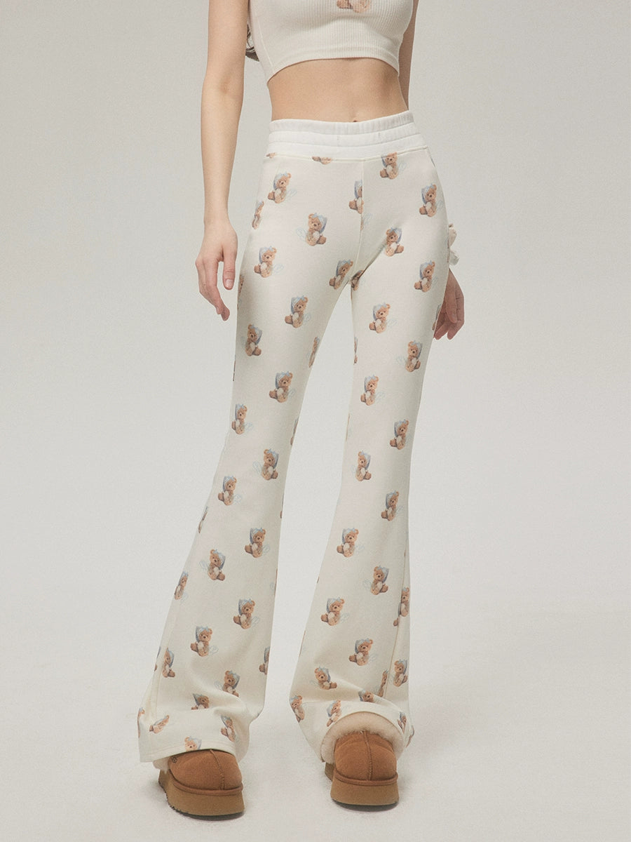 Trendy Bear Print Casual Pants With Subtle Flare Leg - chiclara