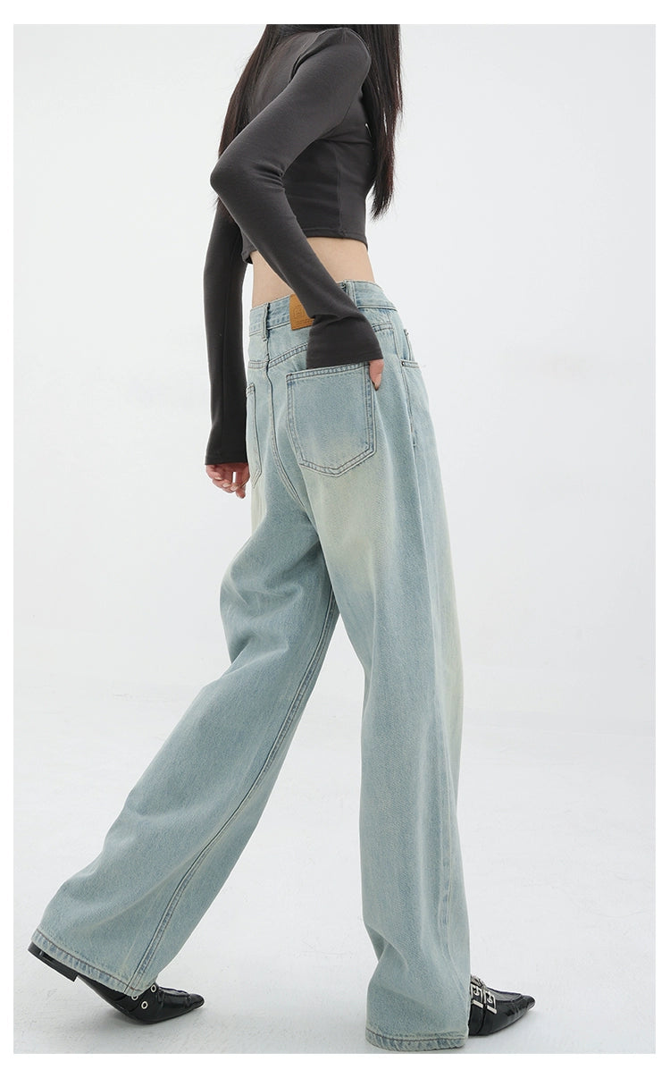 Blue Retro Loose Straight-Leg High-Waist Floor-Length Jeans - chiclara