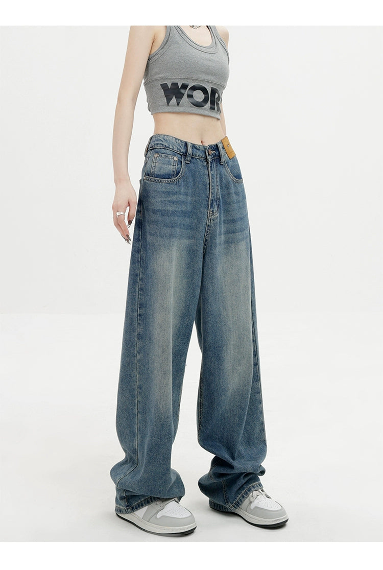 Blue Retro Loose Straight-Leg High-Waist Floor-Length Jeans - chiclara