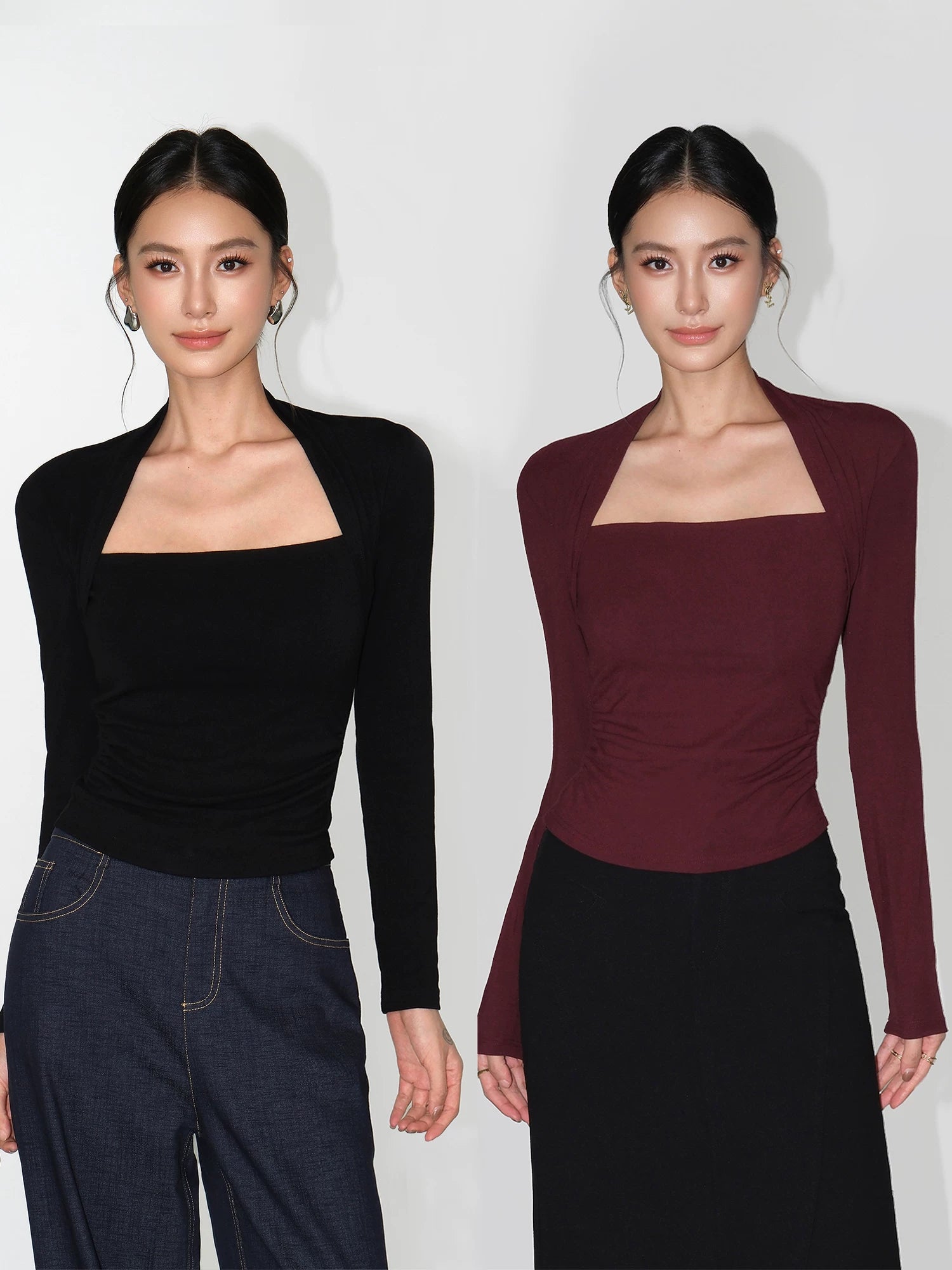 Frame-Line Square Neck Long Sleeve Top