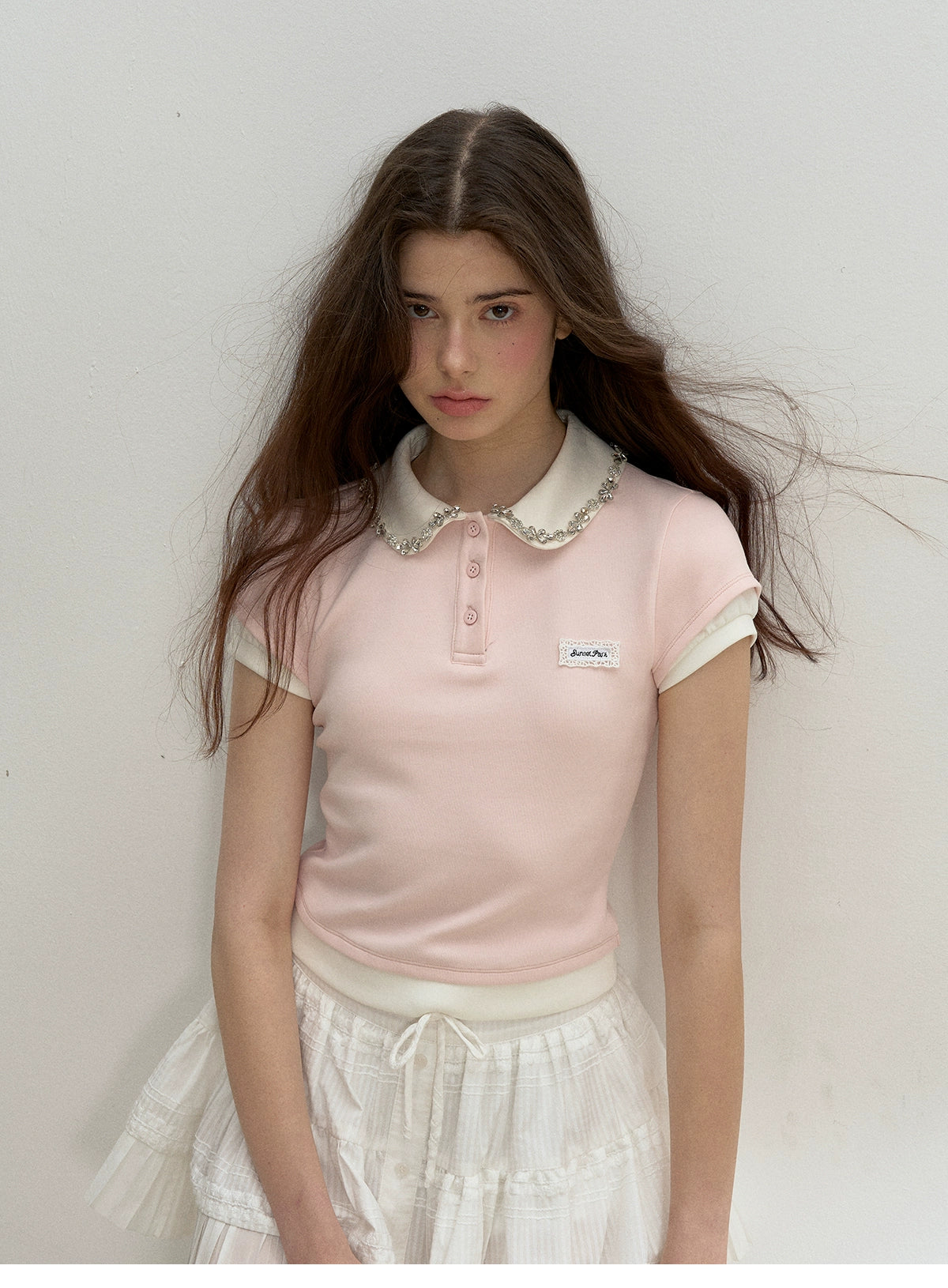 Lace Collar Cotton Polo Shirt