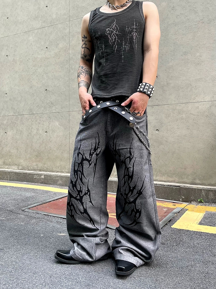 Washed Graffiti Flame Wide-Leg Jeans