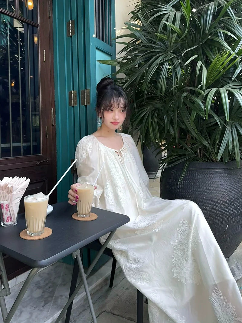 Vintage-Inspired Ivory Embroidered Long-Sleeve Maxi Dress