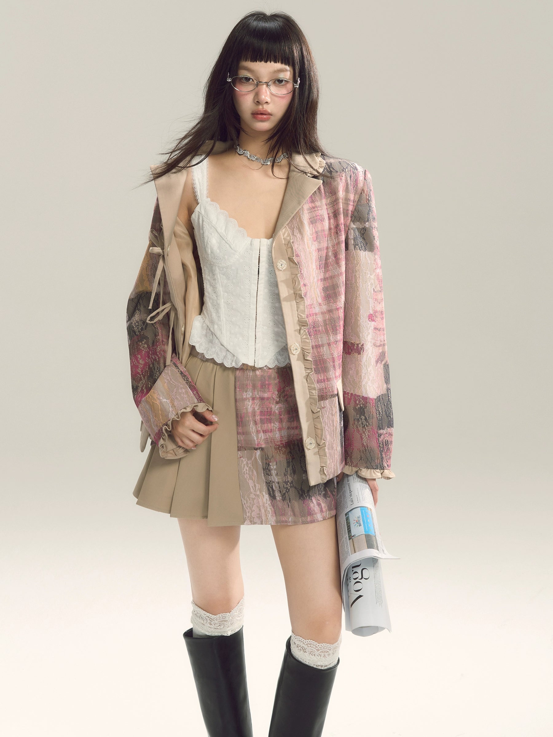 Pink Plaid Textured Blazer with Pleated Details and Beige Accents