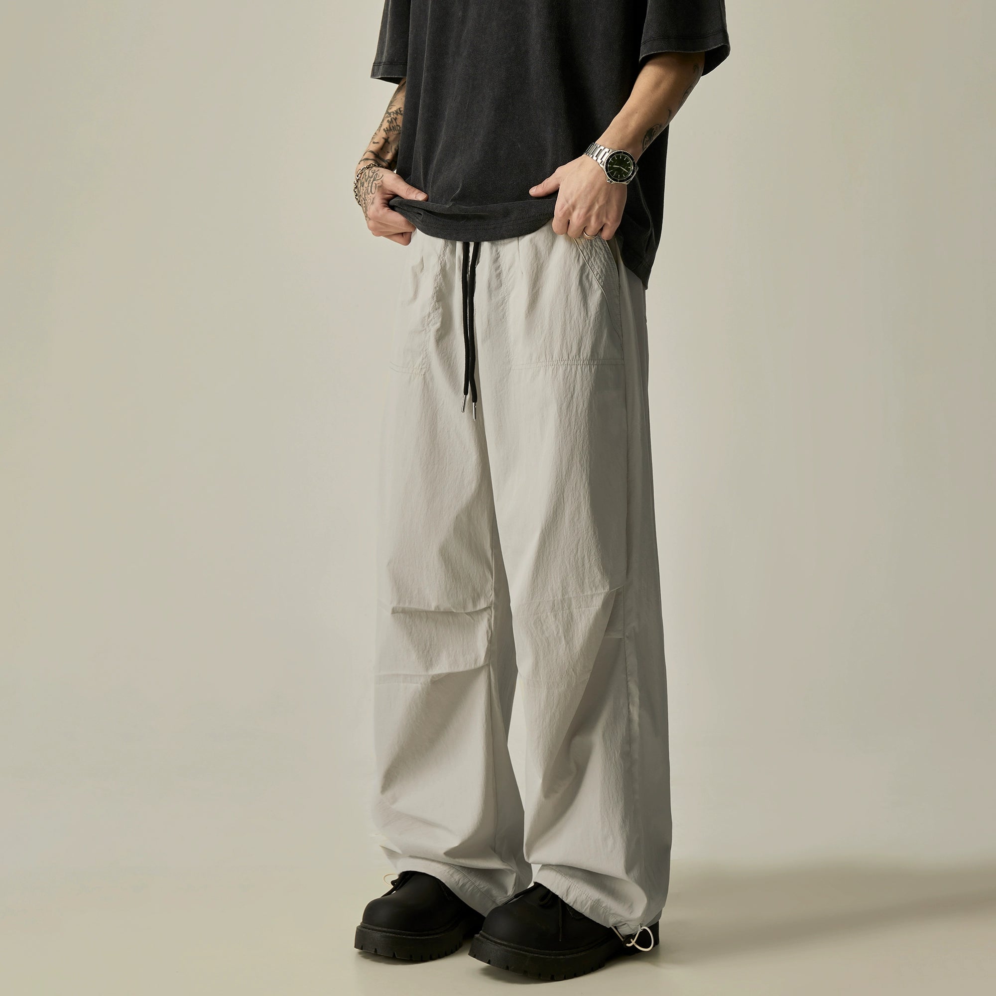 Beige Relaxed Drawstring Track Pants