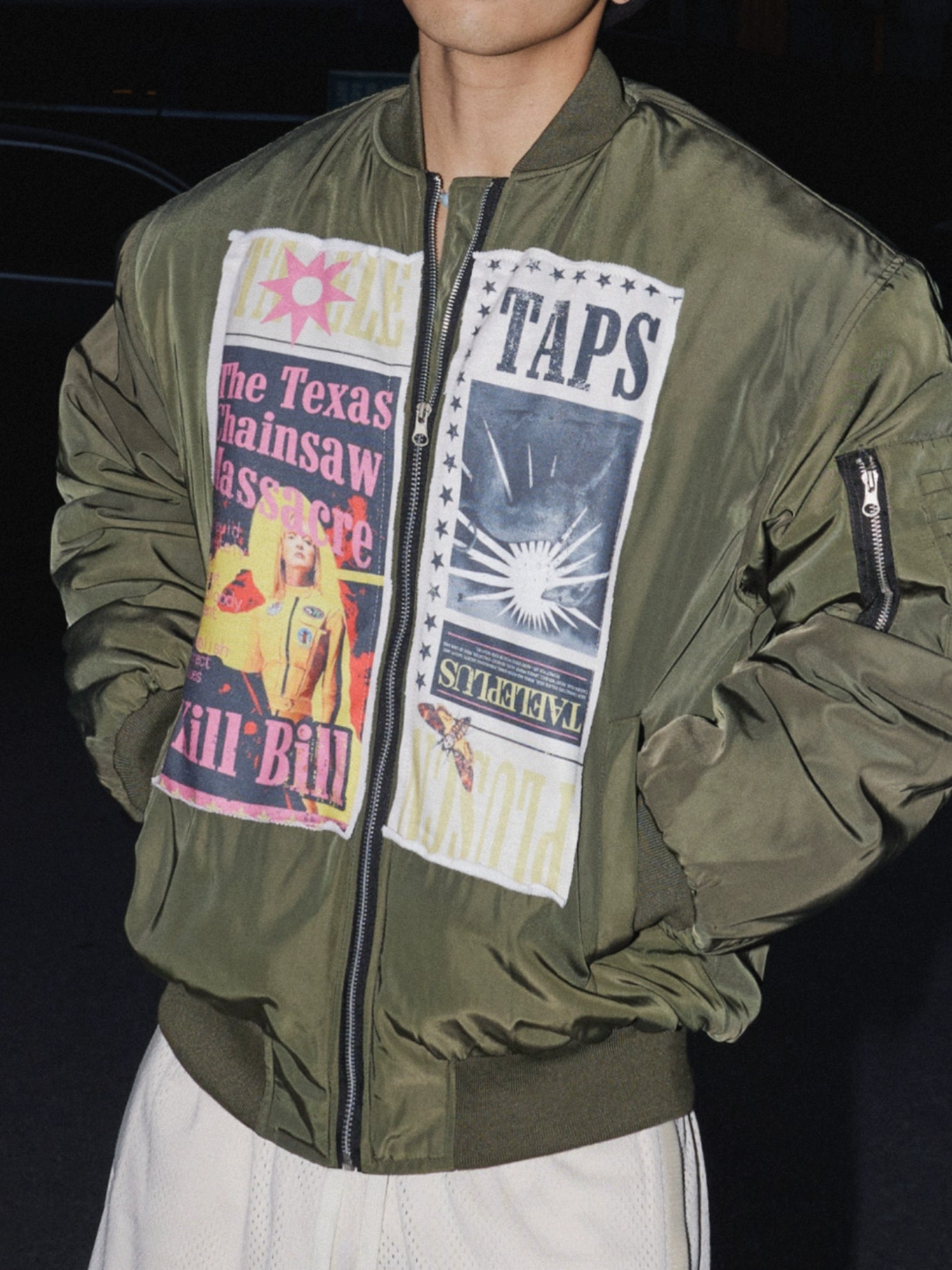 Graphic Patchwork Olive Bomber Jacket