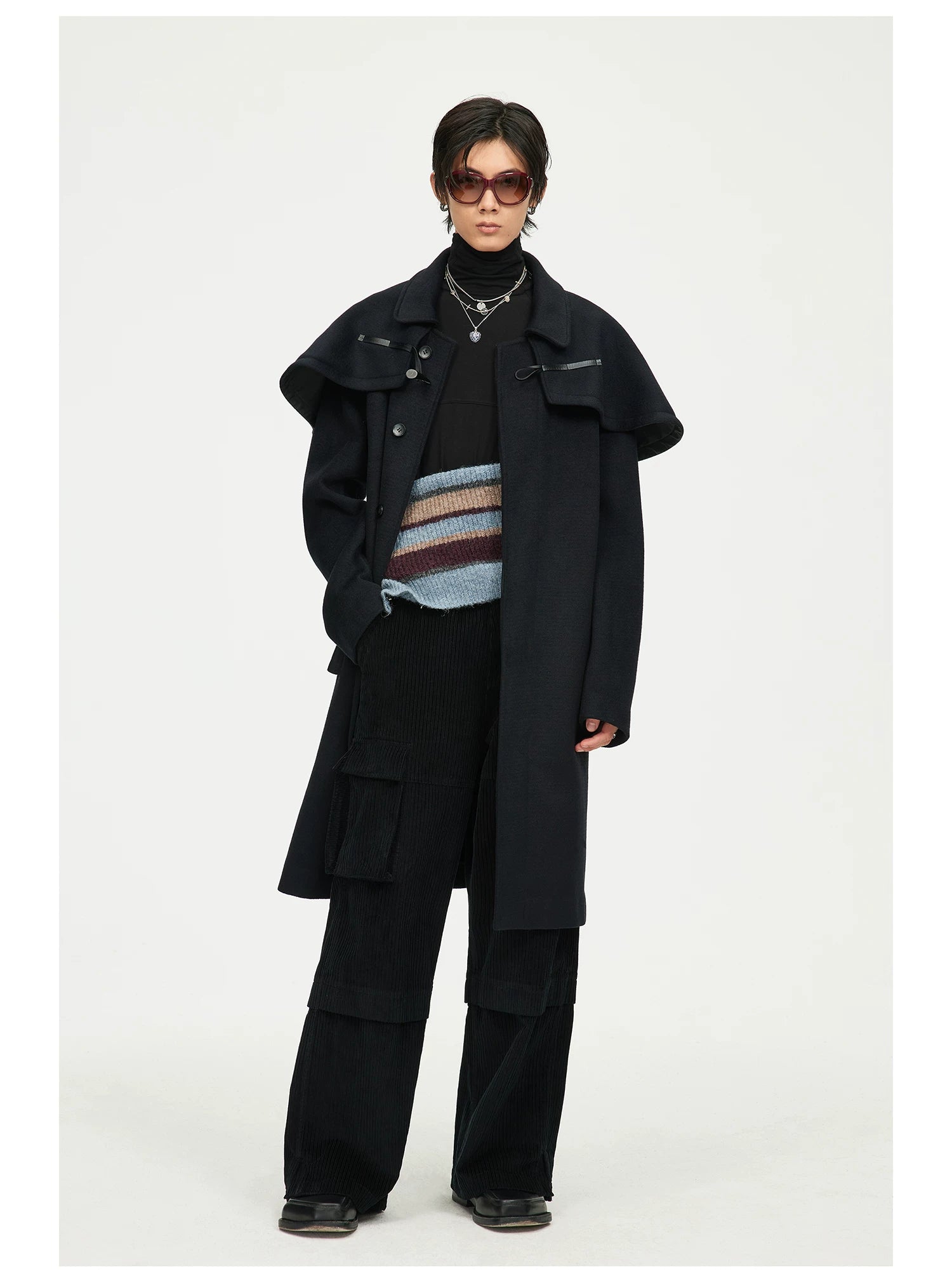 Black Cape-Detail Long Coat