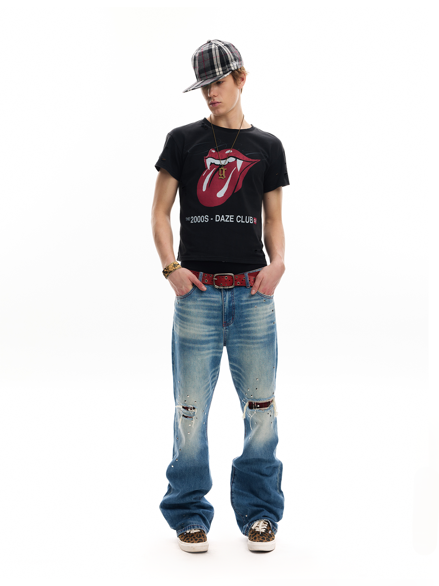 Studded Plaid‑Patch Light Wash Street Jeans