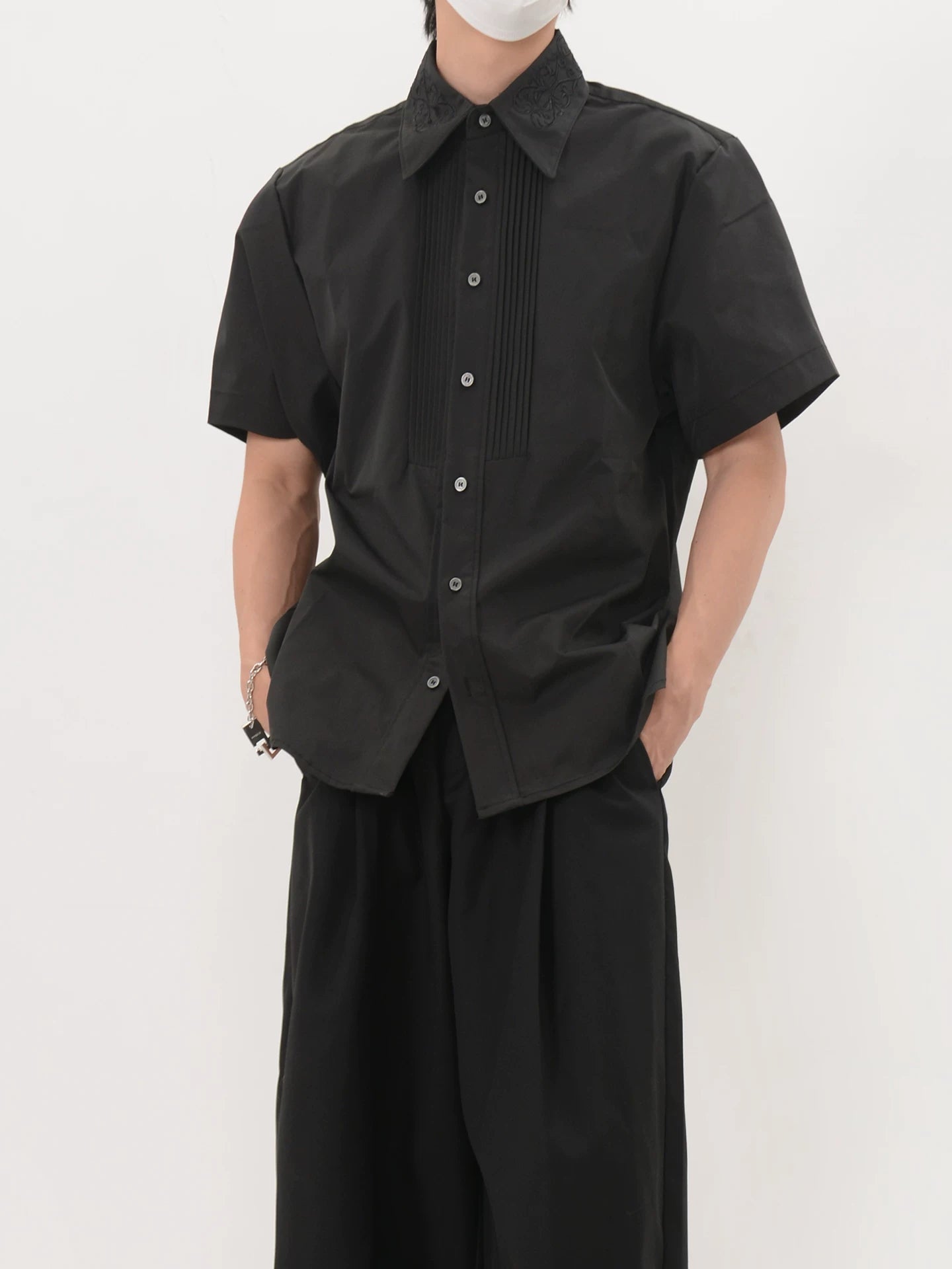 Noir Tux Pleat Embroidered Shirt