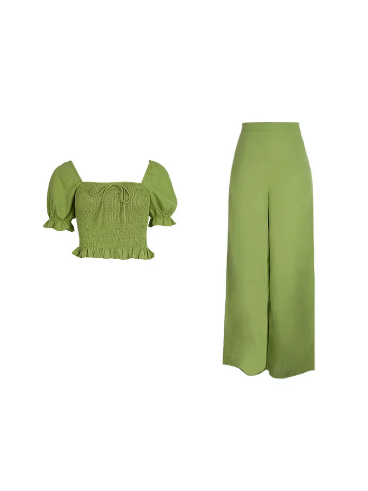 Green Smocked Crop Top and Pants Setup