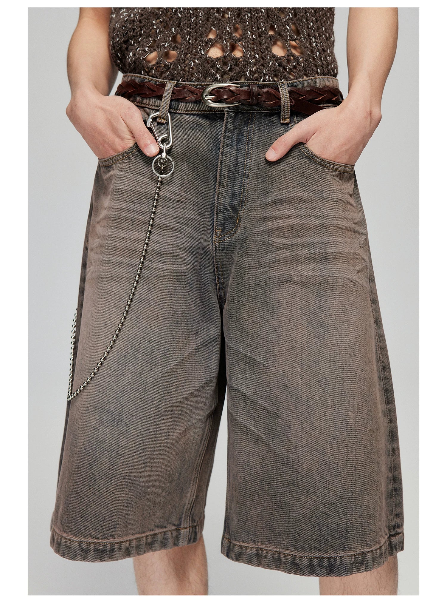Washed Wide-Leg Denim Bermuda Shorts