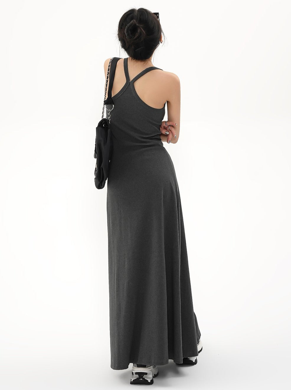 Vestido maxi negro sin mangas - vestido de noche columna de cuello alto