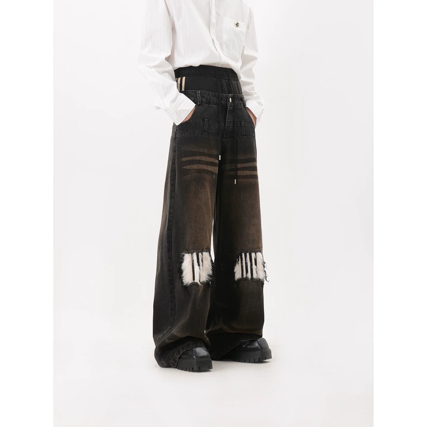 Faux Fur Patch Wide Leg Jeans
