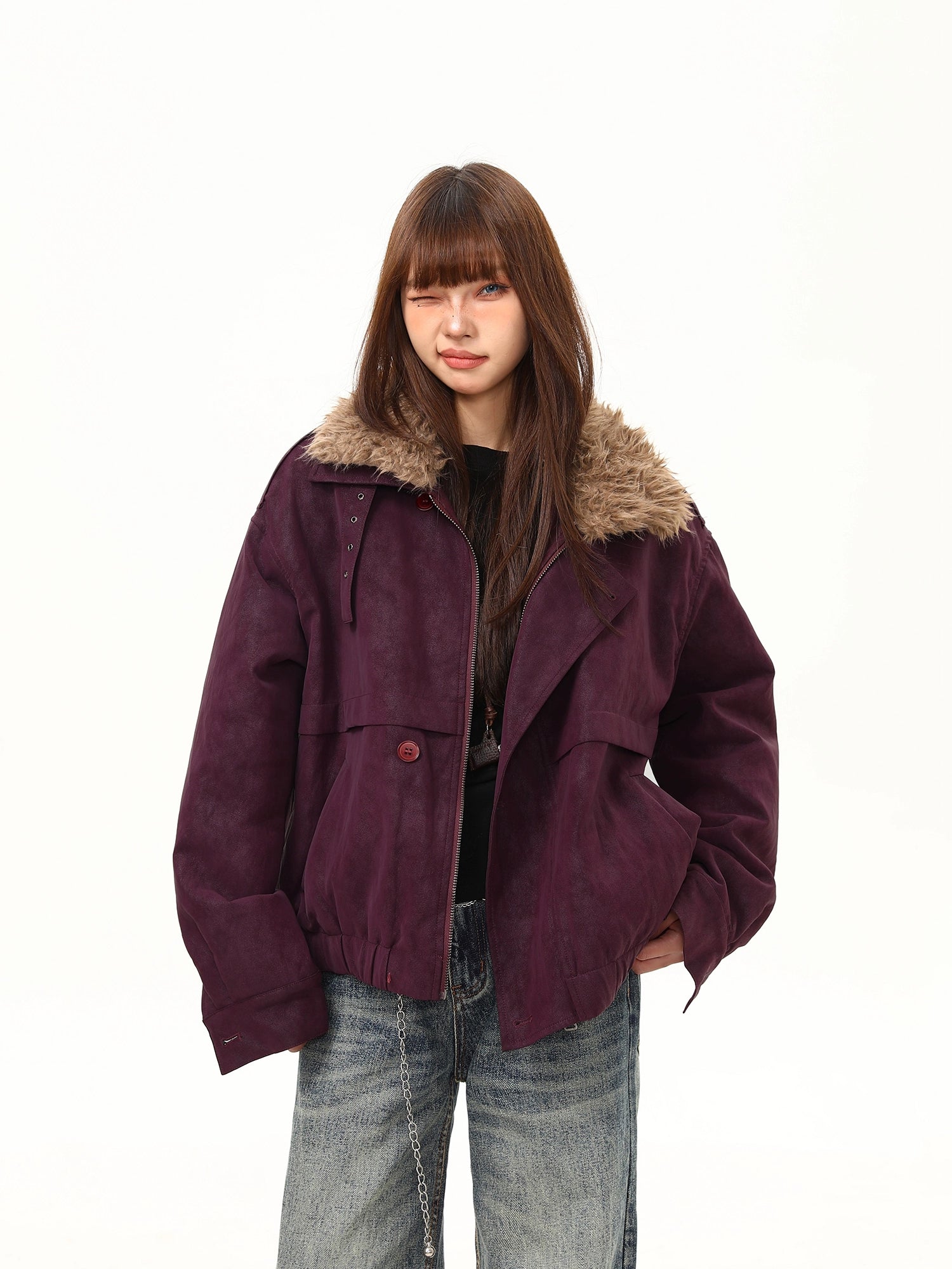 Plum Frost Faux Fur Collar Jacket