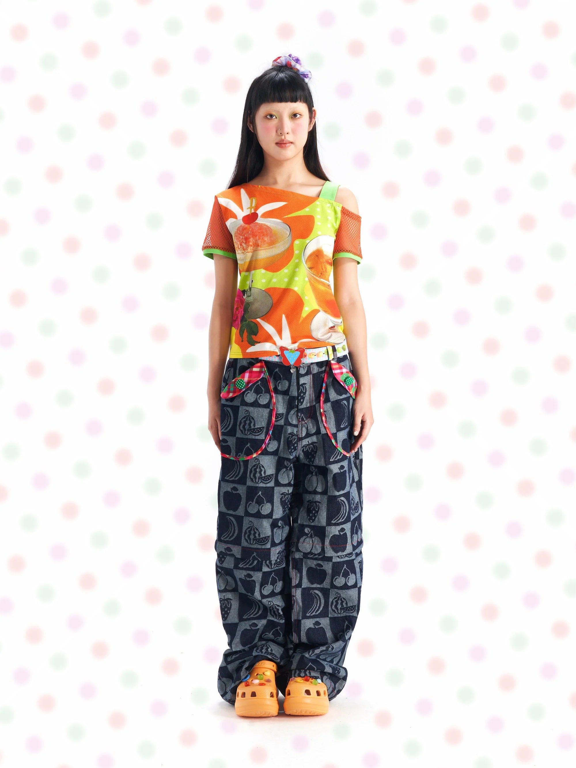 Checkered Fruit Print Denim Wide Pants