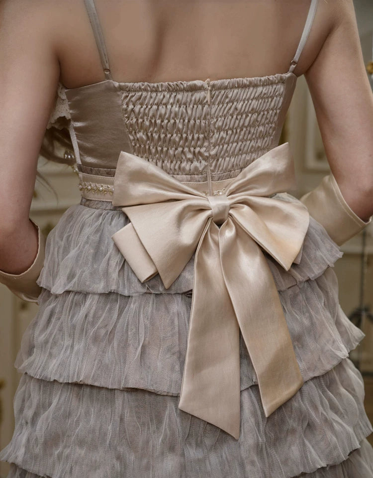 Cream Ruffle Bow Tiered Midi Dress