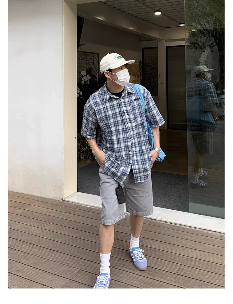 Oversized Blue and White Plaid Short Sleeve Shirt