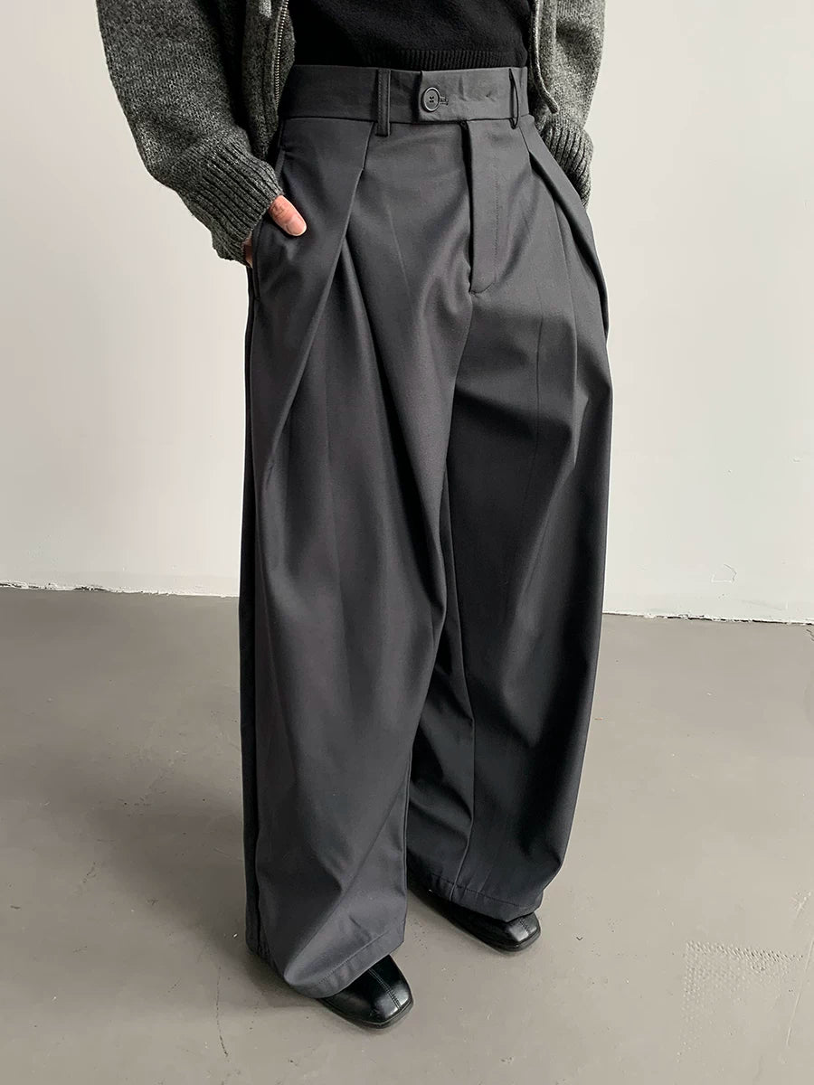 Pleated Wide-Leg Draped Trousers